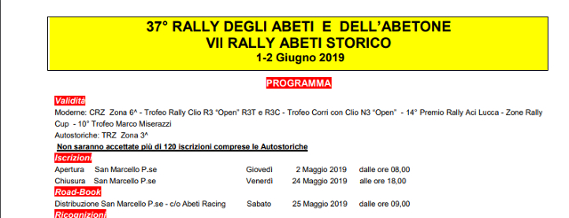 Programma del 37° Rally degli Abeti e VII Rally Abeti Storico